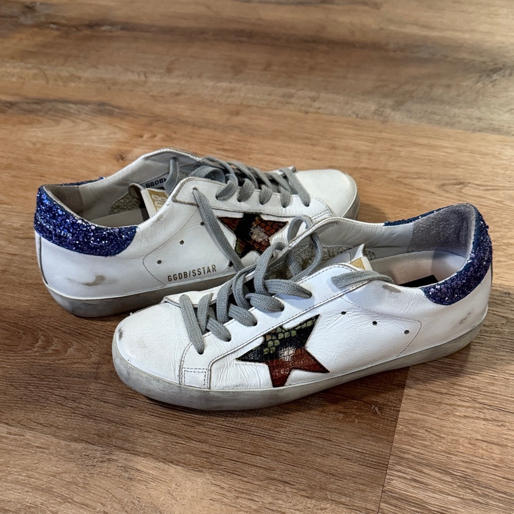 Golden Goose White Sneakers with Blue Glitter and Red Star